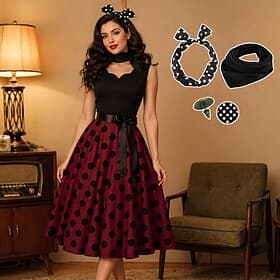 Années 1950 Rétro Vintage Rockabilly Robe trapèze Robe Évasée Pois Déguisement Femmes Fête / Soirée Enterrement de Vie de Jeune Fille Adulte Robe Bandeau Robes