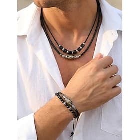 Ensemble collier et bracelet bohème pour homme, bijoux en cuir noir ornés de perles et de détails en métal vieilli, accessoire décontracté idéal pour l'été, pa