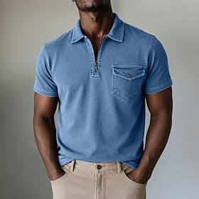 Homme Polo Chemise délavée à l'acide Occasionnel Travail Zip quart Manche Courte Mode Basique Uni Fermeture éclair Boutons Été Printemps Coupe décontractée Ble