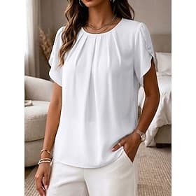 Women's T Shirt Tee Top Patchwork Solid Color Elegant Stylish Short Sleeve Petal Sleeve Crew Neck Round Neck Regular Tops Casual Daily Black White Wine Navy Bl
