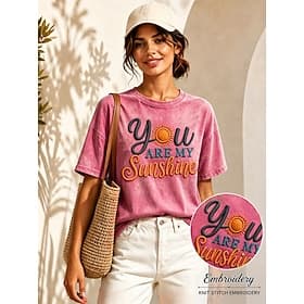 Femmes 100% Coton T-shirt brodé Graphique Lettre ancien Classique Occasionnel Manche Courte Col ras du cou Hauts Réguliers Occasionnel Quotidien Week-end Rose