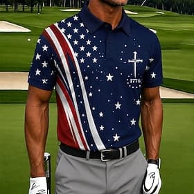 4 juillet 2026, 250e anniversaire Homme USA Golf Polos de Sport Manche Courte Polos Chemises à Col Occasionnel Athleisure Impression 3D Boutons Maille Respiran