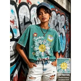 Femmes 100% Coton T-shirt Hauts effet délavé vintage Imprimé Graphique Abstrait ancien Mode Élégant Manche Courte Col ras du cou Hauts Réguliers Occasionnel Qu
