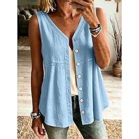 Women's Shirt Eyelet Top Solid Color Elegant Bohemia Vacation Sleeveless V Neck Crop Tops Casual Daily Holiday Blue Pink Green Beige Grey Summer Spring