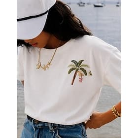 T-shirt femme brodé de motifs floraux, haut d'été élégant, vintage, tropical, manches courtes, col rond, coupe classique, décontracté, idéal pour la plage, bla