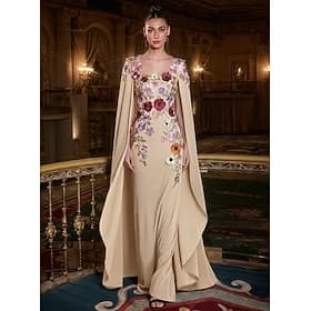 A-Line Floor Length Cape Dress Ball Gown with Cape Evening Gown Elegant Vintage Floral Sleeveless Square Neck Wedding Formal Detachable Lace Charmeuse with Emb