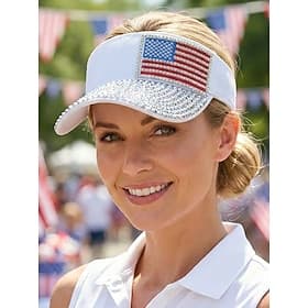Casquette à visière patriotique pour femme, ornée de strass, en polyester ajustable, avec visière ouverte et motif drapeau américain multicolore. Idéale pour l