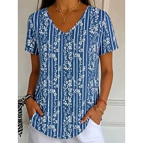 American Independence Day Women's T Shirt Print Graphic American Flag Vintage Stylish Classic Short Sleeve V Neck Regular Tops Casual Daily Blue Summer Spring