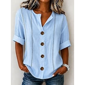 Femmes Chemise Chemisier Patchwork Boutons Imprimé Rayé Élégant Bohème Manche Courte Col en V Hauts Réguliers Occasionnel Bleu Ciel Blanche Rose Claire Abricot