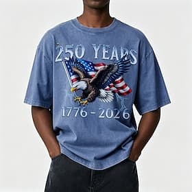 T-shirt à manches courtes, col rond, aigle et drapeau américain, 100 % coton, délavage à l'acide, pour homme, 4 juillet 2026. Collection printemps-été.