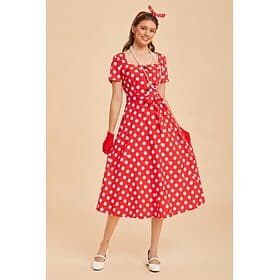 Set 1950s Retro Vintage Rockabilly Midi Dress Necklace Headband with Accessories Short Sleeves Fit and Flare Polka Dot Fit Flare Square Neck Fancy Dress Women