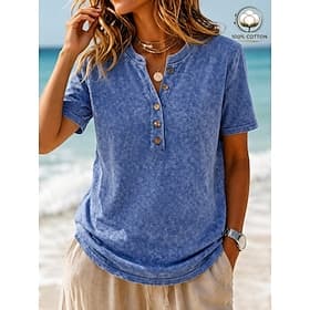 Femmes Chemise Henley Lavage à l'acide Lavage vintage Couleur Unie ancien Mode Élégant Sans manches Col de chemise Hauts Réguliers Occasionnel Plage Bleu Jaune