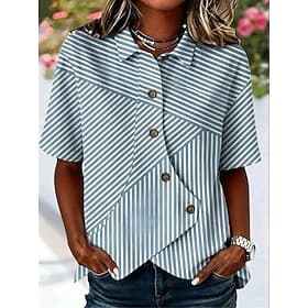 Femmes Chemise Patchwork Rayé Bohème Vacances Quotidien Sans manches Col Rabattu Hauts Longs Occasionnel Bleu Été Printemps