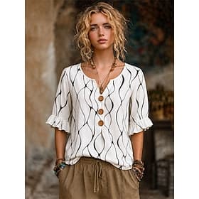 Femmes Chemise Patchwork Boutons Imprimé Fleuri Graphique ancien Élégant Manche Courte Manche 3/4 Col en V Hauts Longs Occasionnel Quotidien Fête Bleu Blanche