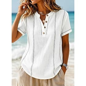 Femmes T-shirt Chemise Henley Boutons Rayé Mode Manche Courte Henley Hauts Longs Occasionnel Plage Été Blanche Vert Claire bleu marine Bleu Ciel Orange Été Pri