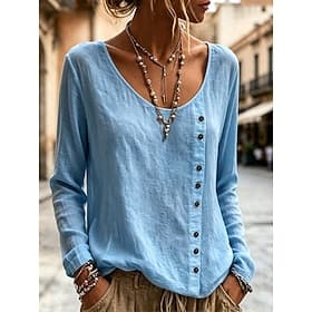 Femmes Chemise Chemisier Boutons Couleur Unie Quotidien Élégant Occasionnel manche longue Col ras du cou Hauts Réguliers Occasionnel vert jaunâtre Noir Blanche