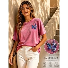 Femmes 100% Coton T-shirt brodé Graphique Papillon ancien Classique Occasionnel Manche Courte Col ras du cou Hauts Réguliers Occasionnel Quotidien Week-end Ros