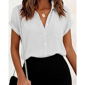 Femmes Chemise Boutonnée Avec Poches Uni Quotidien Élégant Travail Manche Courte Col Hauts Réguliers Occasionnel Travail Sortir Bleu Noir Blanche Jaune Rose Cl