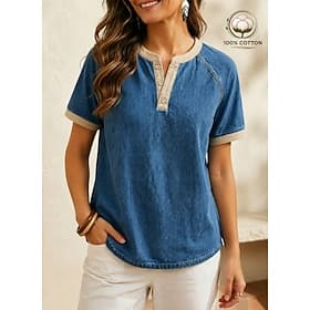 T-shirt Henley Softfade™ pour femme, couleur unie, style vintage, manches courtes, col henley, manches longues, décontracté, idéal pour la plage, bleu, rose, v