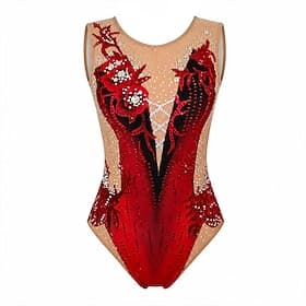 justaucorps de patinage artistique Femmes Patinage justaucorps de patinage artistique Rouge Patchwork Ourlet asymétrique Élastique Entraînement Compétition Ten