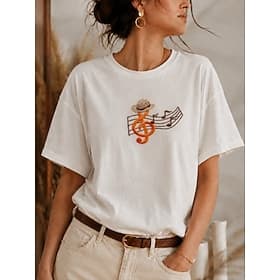 T-shirt brodé pour femme, style musical, idéal pour l'été, élégant et vintage, manches courtes, col rond, coupe classique, décontracté, parfait pour la plage,