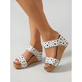 Sandales compensées à pois pour femmes – sandales à double bride et bout ouvert ornées de clous, idéales pour les promenades estivales, les voyages et les tenu