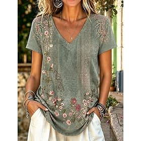 Women's T Shirt Print Floral Graphic Stylish Classic Casual Short Sleeve V Neck Regular Tops Casual Daily Blue Purple Green Summer Spring