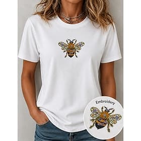 Femmes 100% Coton T-shirt Broderie Graphique Les abeilles ancien Élégant Occasionnel Manche Courte Col ras du cou Hauts Réguliers Occasionnel Quotidien Week-en