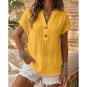 Women's T Shirt Summer Tops Vintage Casual Short Sleeve V Neck Long Tops Casual Dark Brown White Yellow Red Green Summer Spring