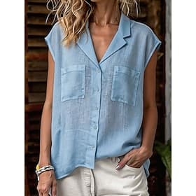 Femmes Chemise Boutonnée Avec Poches Uni Vacances Occasionnel Manche Courte Mancheron Col Hauts Réguliers Quotidien Sortir Vêtements de vacances Bleu Blanche R