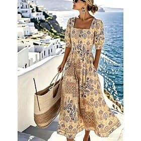 Femmes Robe Midi Robe trapèze Vacances Plage Fête Coupe régulière Fleuri Graphique Demi Manches Col ras du cou Bleu Bleu Ciel Beige Été Printemps