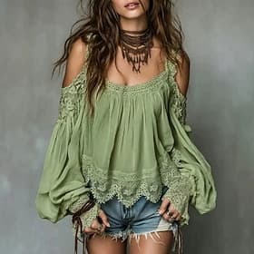 Femmes Hauts en dentelle Patchwork Couleur Unie Élégant manche longue Manches Bouffantes Épaules Dénudées Hauts Réguliers Occasionnel Vin Vert Beige Été Printe
