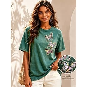 Femmes 100% Coton T-shirt brodé Graphique Papillon ancien Classique Occasionnel Manche Courte Col ras du cou Hauts Réguliers Occasionnel Quotidien Week-end Ver
