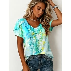 Women's Blouse Print Floral Graphic Vintage Daily Stylish Short Sleeve V Neck Regular Tops Casual Daily Yellow Pink Green Summer Spring