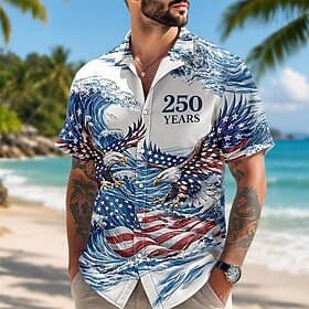 4 juillet 2026, 250e anniversaire Homme Aigle Drapeau Américain Chemise Chemise d'été Chemise Boutonnée Manche Courte Patriotique Extérieur Vêtements de rue Fê