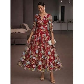 Ligne A Longueur cheville Robes de Cocktail Élégant ancien Floral Manche 3/4 Col en V Fête de jardin Mariage Satin Tulle Dos Bénitier avec Fleur brodée Plis Br
