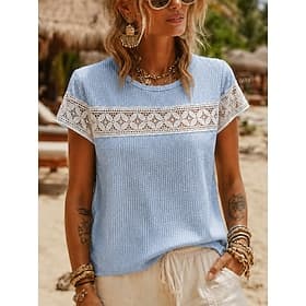 Women's Blouse Lace Tops Lace Hollow Out Plain Stylish Modern Short Sleeve Crew Neck Regular Tops Casual Beach Holiday Blue Summer Spring