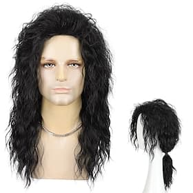 Perruque longue noire bouclée pour homme, style rétro rock star pop années 70-80, perruque mi-longue avec raie au milieu, idéale pour Halloween, les soirées, l