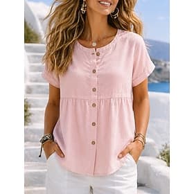 Femmes Chemisier Boutons Uni Élégant Occasionnel Manche Courte Col ras du cou Hauts Réguliers Occasionnel Quotidien Bleu Kaki Rose Claire Été Printemps