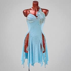 Robe de danse latine bleu glacier pour femme - Costume de salsa/samba professionnel avec application florale en strass - Tenue de compétition à franges de cris