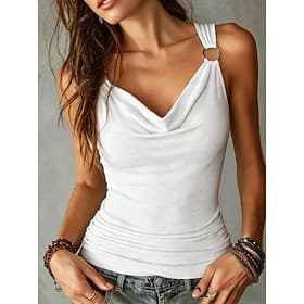Femmes T-shirt Débardeur Boucle en métal Couleur Unie Élégant Mode Sans manches Col Bénitier Hauts Réguliers Occasionnel Bleu Noir Blanche Chameau Vert Été Pri