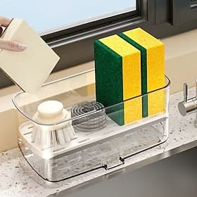 Organisateur d'évier de cuisine, porte-éponge multifonctionnel avec plateau auto-égouttant (1 pièce), rangement sans perçage pour éponges, brosses et produits