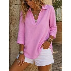 Femmes Coton lavé Chemise en lin Texturé ancien Manche 3/4 Col de chemise Blanche Noir Rose Claire Printemps, Automne, Hiver, Été