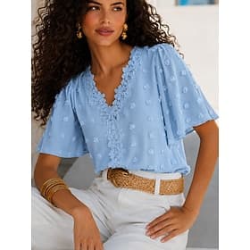 Women's Shirt Eyelet Top Boho Shirt Lace Shirt Lace Trim Elegant Bohemia Active Short Sleeve V Neck Regular Tops Casual Daily Holiday Blue Summer Spring