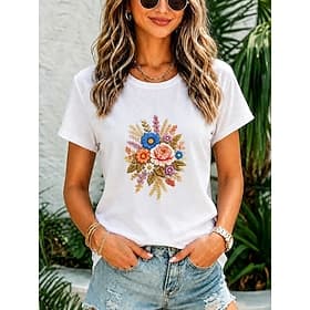 Women's 100% Cotton T Shirt Embroidered T-shirt Floral Graphic Vintage Stylish Casual Short Sleeve Crew Neck Regular Tops Casual Daily Weekend White Black Summ
