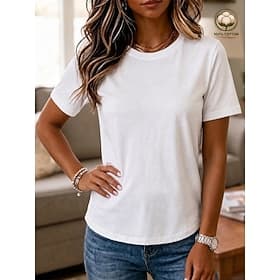 Femmes 100% Coton Couleur Unie Classique Occasionnel manche longue Col rond Hauts Réguliers Occasionnel Quotidien Bleu Noir Blanche Rose Claire Gris Clair Hive