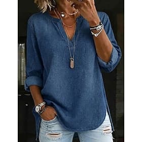Femmes Chemise Chemisier Sweat Couleur Unie Élégant ancien Quotidien Manche 3/4 Col en V Hauts Réguliers Occasionnel Bleu de minuit Printemps