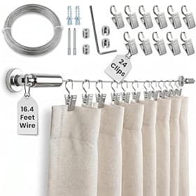 Kit de fil de suspension en acier inoxydable pour rideaux, fil de tension de 5 m avec 24 clips, système d'accrochage mural pour tableaux, photos, rideaux et ét