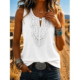 Women's Tank Top Lace Plain Elegant Vintage Stylish Sleeveless V Neck Regular Tops Casual Daily Blue White Pink Summer Spring