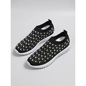 Women's Black Rhinestone Knit Slip-On Walking Sneakers – Lightweight Breathable Casual Shoes with F, Stretch Fit Upper for Travel, Shopping and Daily Wear